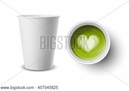 Vector 3d Realistic Paper White Disposable Cup Set Isolated With Green Milk Matcha Foam Heart Patter