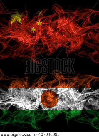 China, Chinese Vs Niger, Nigerien Smoky Mystic Flags Placed Side By Side. Thick Colored Silky Abstra
