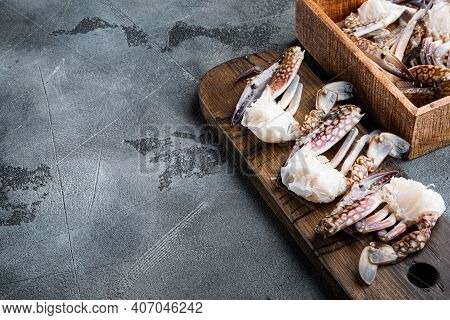 Fresh Blue Swimming Crab Meat Set, On Gray Background , With Copyspace  And Space For Text