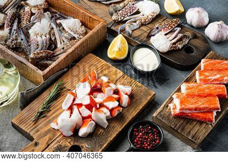 Fresh Crab Meat And Sticks Surimi With Blue Swimming Crab Set, On Gray Background