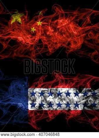 China, Chinese Vs Tuamotu Archipelago Smoky Mystic Flags Placed Side By Side. Thick Colored Silky Ab