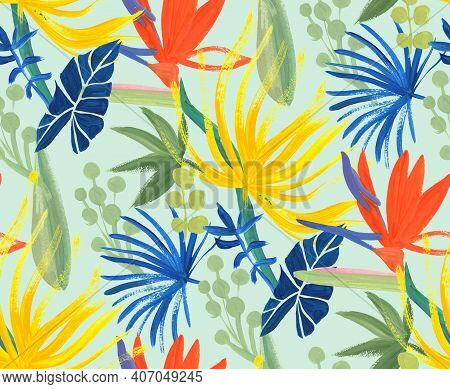 Bright Floral Tropical Pattern Without Seams Drawn In Gouache With Strelitzia Flower For Textile And