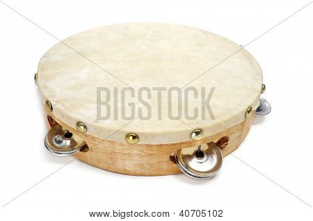closeup of a pandereta, the spanish tambourine, on a white background