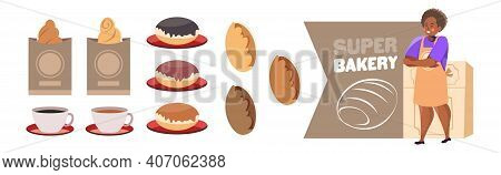 Female Baker In Uniform Selling Different Bakery Pastry Products Baking Concept Full Length Isolated