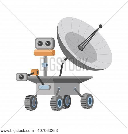 Mars Rover With Cameras And Antenna Vector Flat Illustration Isolated On White Background. Space Exp