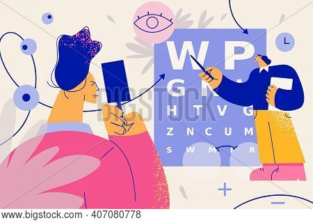 Ophthalmology And Vision Examination Concept. Doctor Ophthalmologist Conducting Eye Test Using Chart