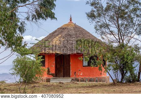 Beautiful Colored Traditional Ethiopian House Situated In Mountain Landscape With Scenic View To Can