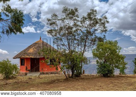 Beautiful Colored Traditional Ethiopian House Situated In Mountain Landscape With Scenic View To Can