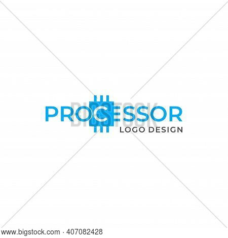 Unique And Clean Wordmark Logo About Computer Processor In Light Blue Color. Eps 10, Vector.