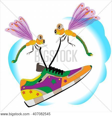 2 Dradonflies Lift The Shoe By The Laces Into The Sky
