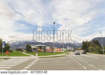 Lesce, Slovenia, October 2020: Supermarket Overlooking The Alps In Slovenia
