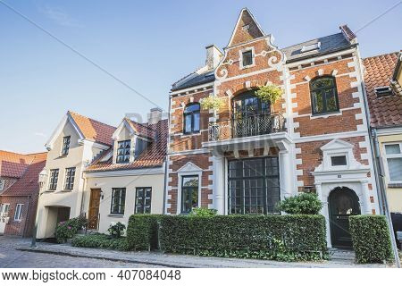 Viborg, Denmark, August 2018: Cozy Two-story Houses With Hedges In Denmark