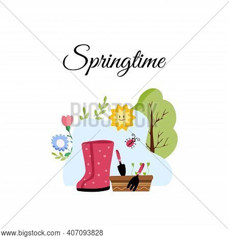 Springtime - Isolated Vector Hand Drawn Design Elements. Rubber Boots, Gardening Tools, Seedling Box