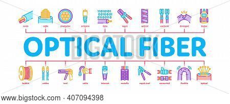 Optical Fiber Cable Minimal Infographic Web Banner Vector. Fiber Repair Instrument And Electrical De