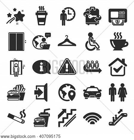 Public Services, Wifi Icons. Elevator, Cloakroom And Taxi Icons. Exit, Atm And Escalator. Wifi, Lift