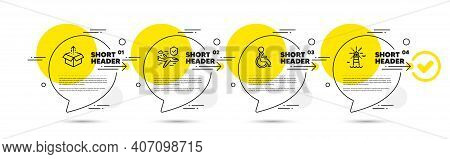 Flight Insurance, Disabled And Send Box Line Icons Set. Timeline Infograph Speech Bubbles. Lighthous