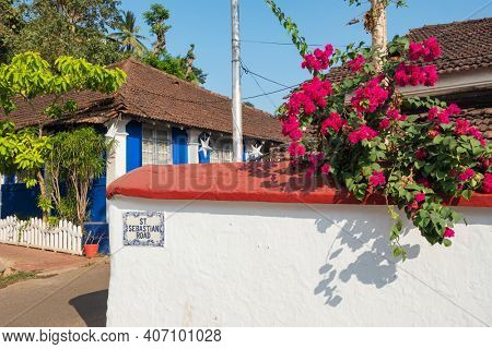 Picturesque narrow Saint Sebastian road street in Fontainhas district. Fontainhas is an old Latin Quarter in Panjim, capital city of the state of Goa, India