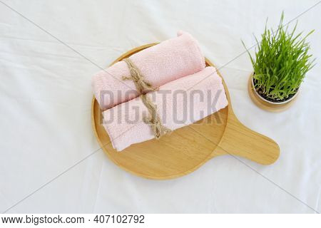 Beautiful Spa Composition On Massage Table , Spa Relax Concept, Copy Space, Beautiful Spa Set On Woo
