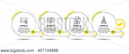 Star, Winner Cup And Verified Mail Line Icons Set. Timeline Process Infograph. Christmas Tree Sign. 