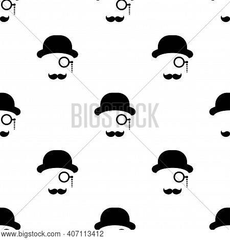 Seamless Pattern With Gentleman On White Background. Silhouette Of Man's Head With Moustache, Lorgne