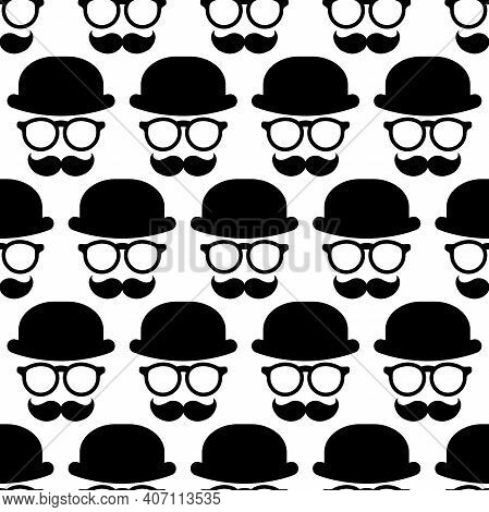 Seamless Pattern With Gentleman On White Background. Silhouette Of Man's Head With Moustache, Lorgne