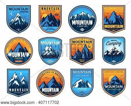 Mountain Tourism And Rock Climbing Vector Icons Set. Rocks Top And Snowy Peaks Travel Emblems, Steep