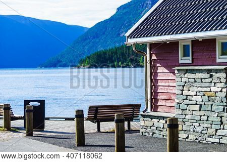 Solvorn Village In Luster Municipality In Vestland County, Located On The Western Shore Of The Lustr