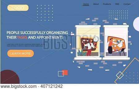 People Organizing Their Tasks And Appointments Landing Page Template, Businessman Stands At Blackboa
