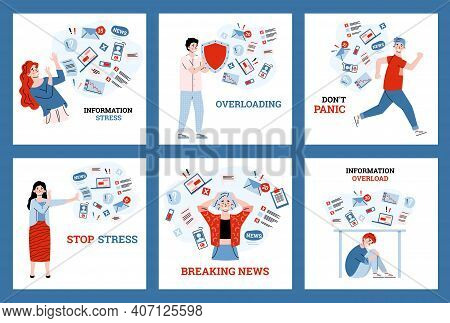 Set Of People Experiencing Information Stress, Cartoon Vector Illustration Isolated On White Backgro