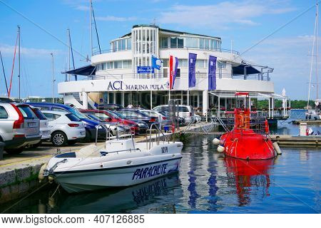 PULA, CROATIA - SEPTMBER 18, 2020: Summer viewof the adriatic sea harbour of Pula, Croatia, Europe