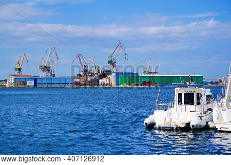 PULA, CROATIA - SEPTMBER 18, 2020: Summer viewof the adriatic sea harbour of Pula, Croatia, Europe