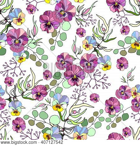 A Beautiful Garland Of Flowers, With Lilac Pansy Flowers And A Twigs. Watercolor Hand Drawn Illustra