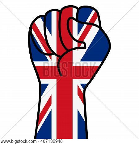 Raised Fist Flag Of Great Britain. Hand Of The United Kingdom. Fist Shape Uk Flag Color. Patriotic D