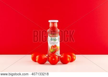 Prague,czech Republic -  17 January, 2021: La Torrente Basil Tomato Sauce Is A Classic Italian Tomat