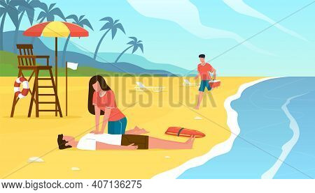 First Medical Aid. Emergency Assistance Drowning Situation, Beach Lifeguards Do Indirect Heart Massa