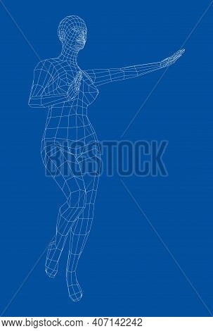 Wireframe Ballerina Or Dancer In Dance Pose. Female Dancing Salsa. Vector 3d Rendering