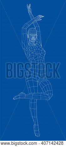 Wireframe Ballerina Or Dancer In Dance Pose. Vector 3d Rendering