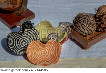 Set Of Chickens Shaped Ceramics Cup And Dried Cerbera Oddloam's Seed To Decorate The House Beautiful