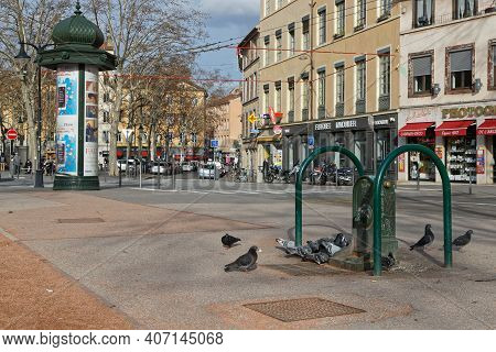 Lyon, France, January 26, 2021 : La Croix-rousse Main Place. Appearance  Of The District Is Heavily 