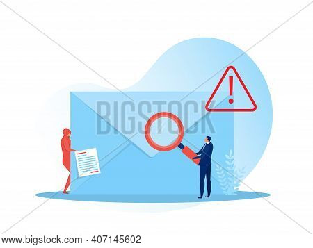 Businessman Character Holding Magnifying Glass From Envelope With Warning And Alert Notification. Sp