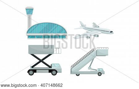 Airport Terminal With Ladder And Plane Vector Set