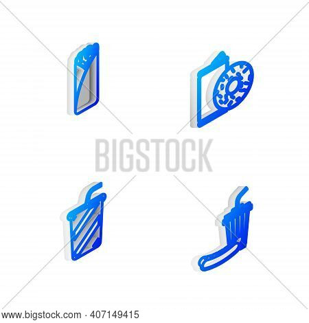 Set Isometric Line Aluminum Can Soda And Donut, Burrito, Glass With Water And Soda Hotdog Icon. Vect