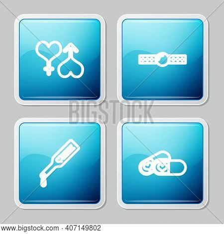 Set Line Male And Female Heart, Silicone Ball Gag, Spanking Paddle And Pills For Potency Icon. Vecto