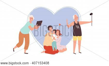 Family Photo. Grandparents Making Image With Phone And Tablet, Young Parents And Kid. Diverse Genera