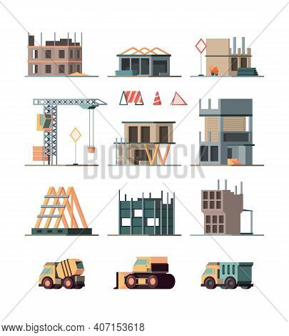 Construction Complex. Engineer Builders Making Big Little Houses Steel And Brick Construction Stages
