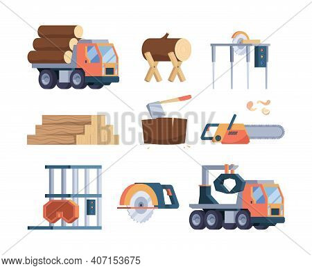 Wooden Industry. Lumber Axe Sawmill Timber Forestry Production Woodcutter Collections Garish Vector 