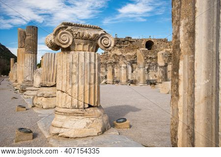 Ruins of columns in ancient city Ephesus in Selcuk, Turkey