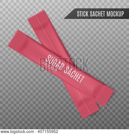 Two Red Foil Sachets, Stick Packs For Sugar Packaging A Vector 3d Illustration