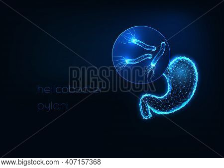 Futuristic Stomach Inflammation, Gastritis Concept With Glowing Low Polygonal Stomach And Bacteria