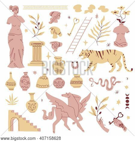 Antique Greek Graphic Set With Female Statue, Torso, Pegasus, Vases, Snake And Women Profiles. Moder